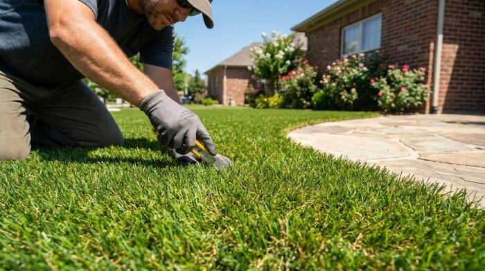 Artificial grass being trimmed neatly along a garden path