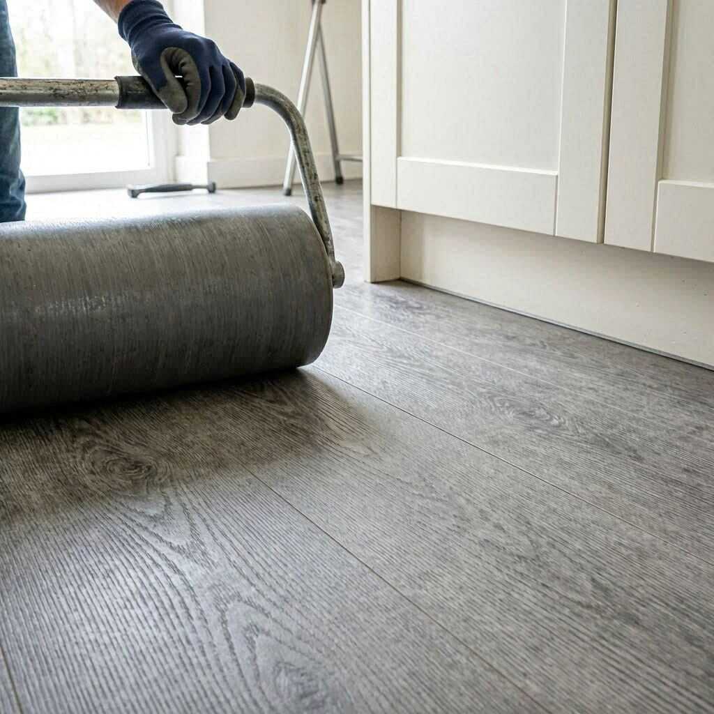 Grey wood-effect vinyl flooring being rolled flat